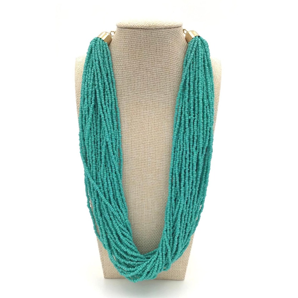 Vintage Turquoise Multi Strand Seed Bead Statement Necklace Southwest Boho Ranch